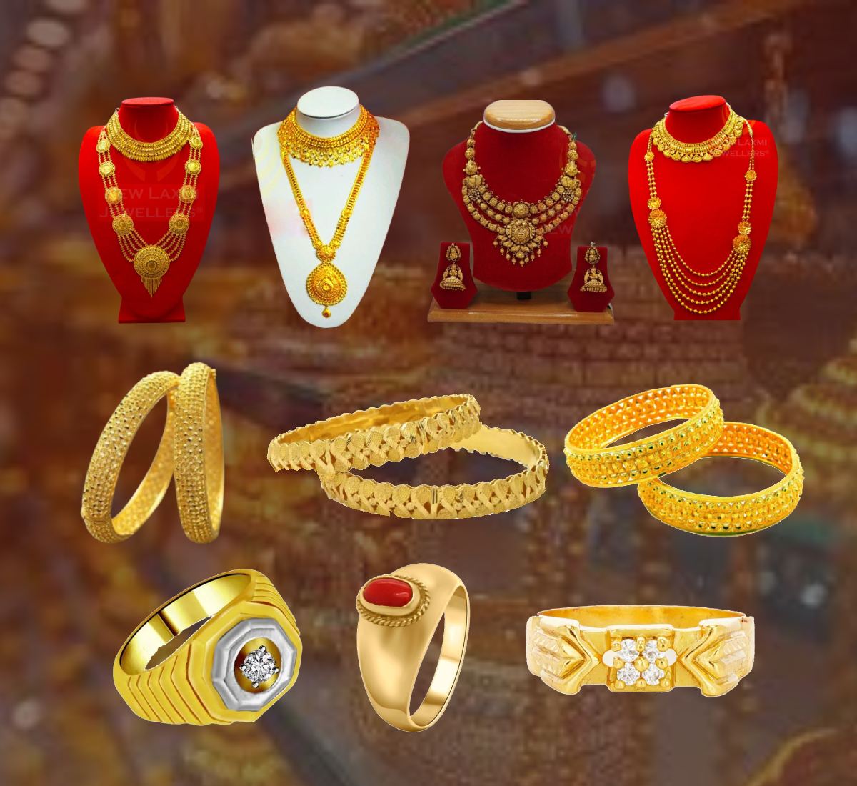 Comprehensive 24 carat gold jewelry collection from Aama Jewellers factory featuring traditional necklaces, bangles, rings and earrings showcasing our complete manufacturing range and craftsmanship excellence