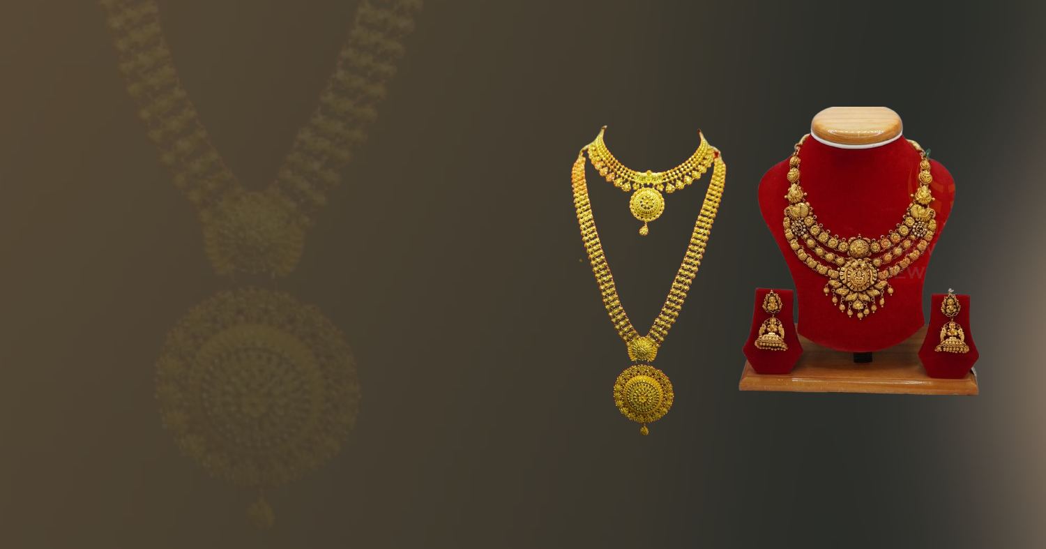 Elegant woman wearing traditional gold jewelry including earrings, necklace and bangles from Aama Jewellers luxury collection